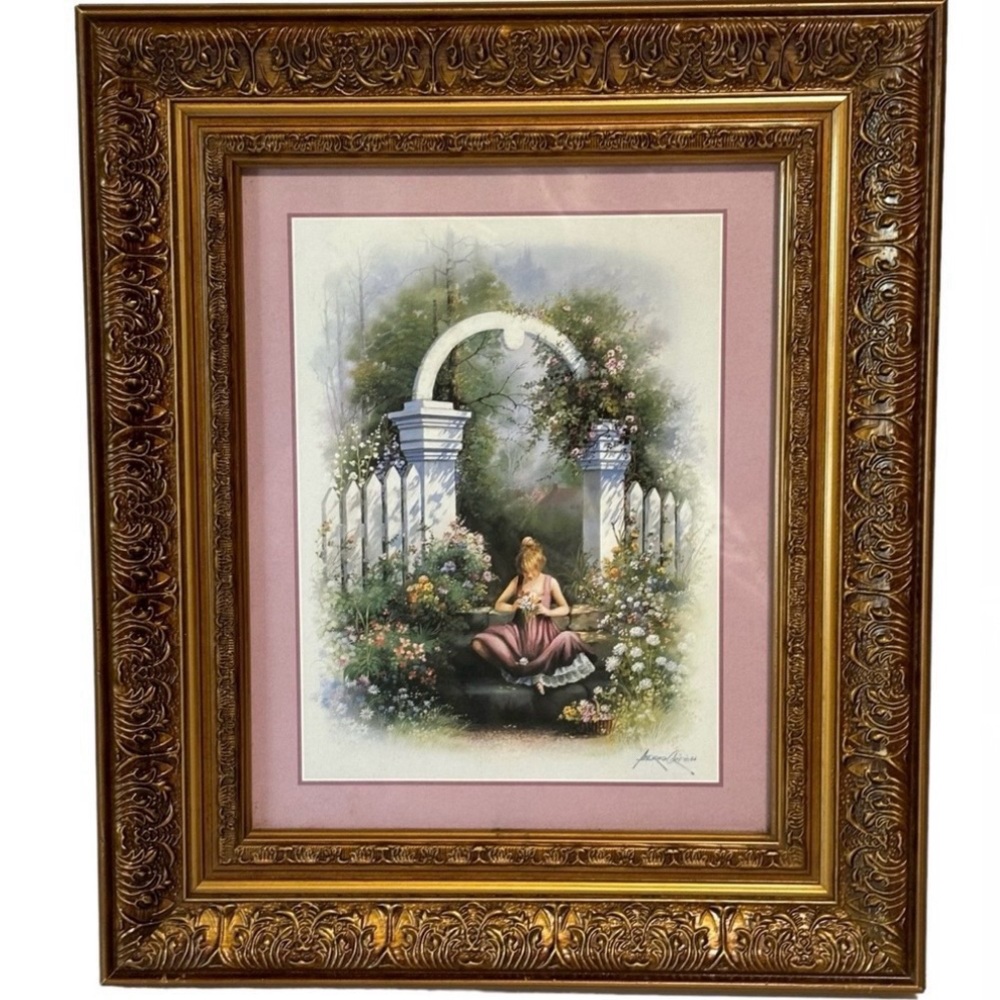 VTG Andres Orpinas Victorian Garden Framed Art Print Gold Ornate 12X14 Like New
